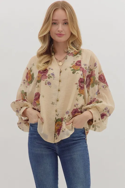 Indy Floral Button Down Top, Ecru sold by North & Main Clothing Company