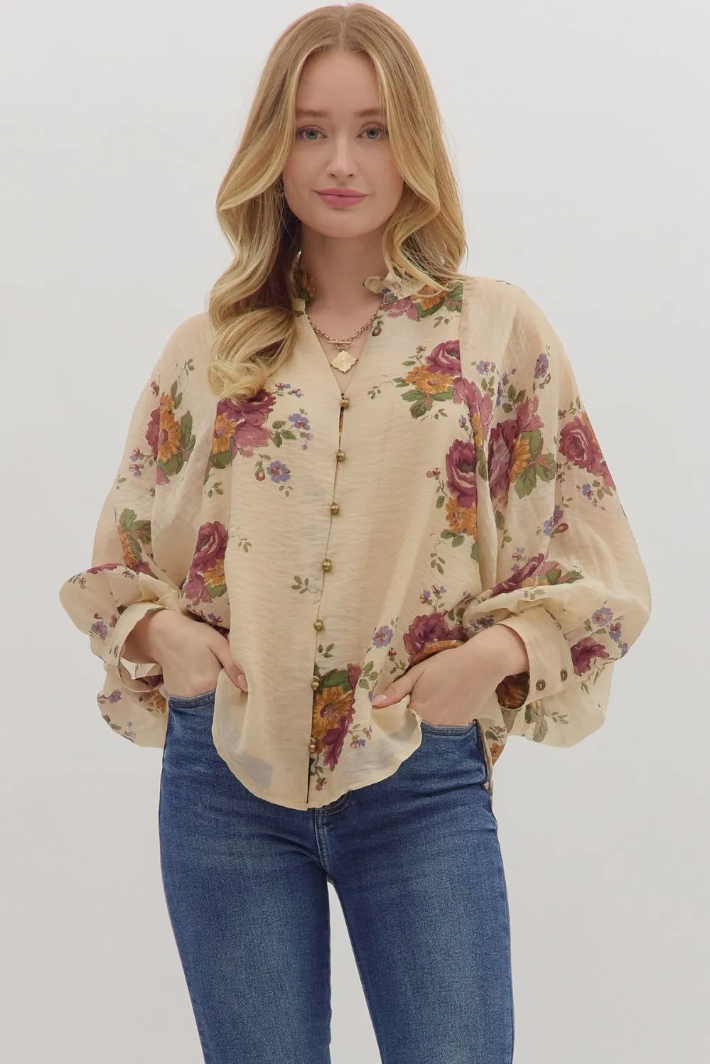 Indy Floral Button Down Top, Ecru sold by North & Main Clothing Company