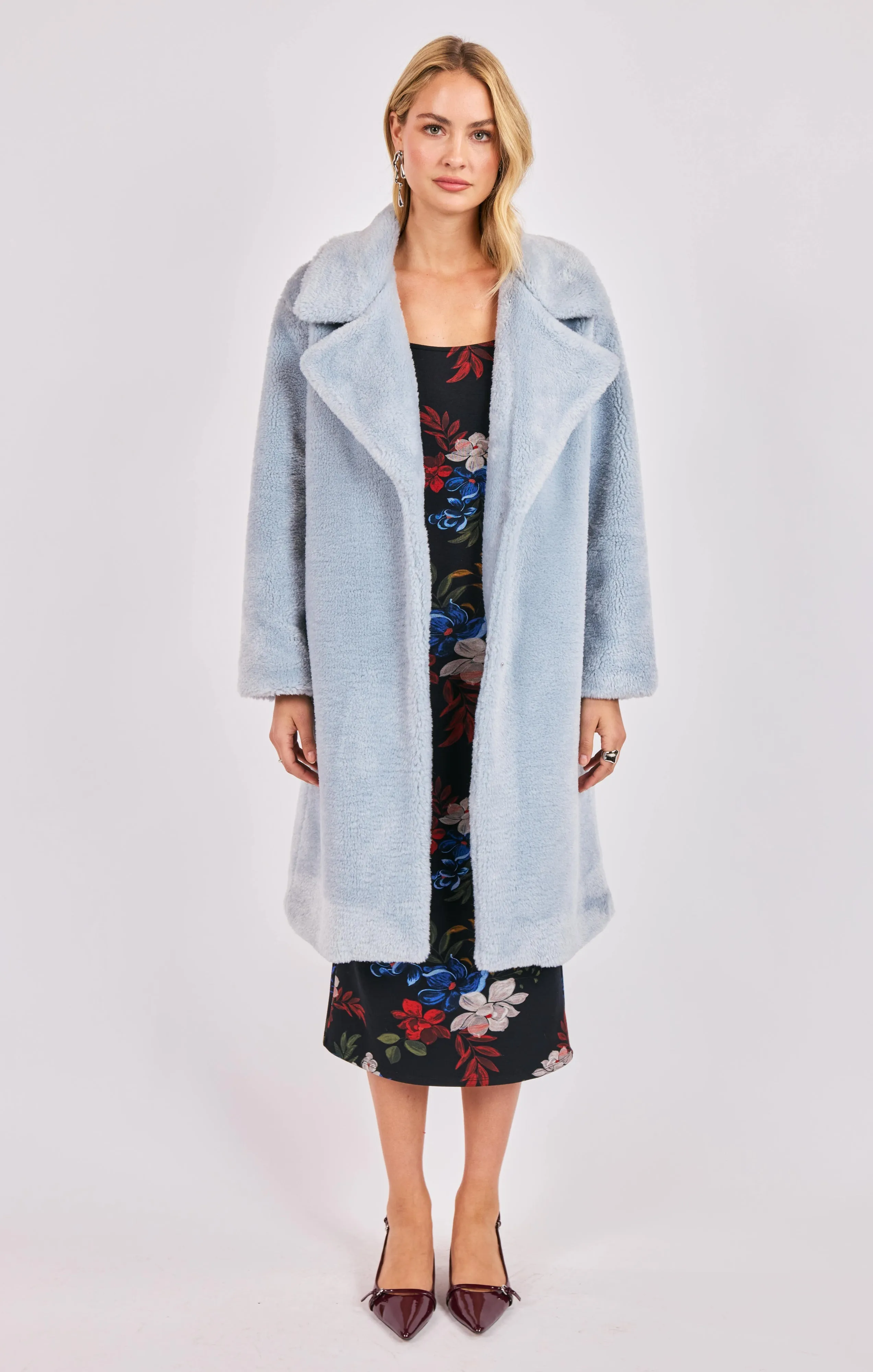 Marquee Lights Faux Shearling Coat, Sky Blue | Sadie & Sage sold by North & Main Clothing Company