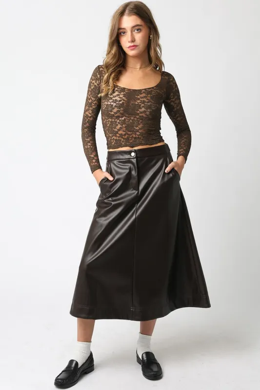 Carter Faux Leather Midi Skirt, Dark Chocolate sold by North & Main Clothing Company