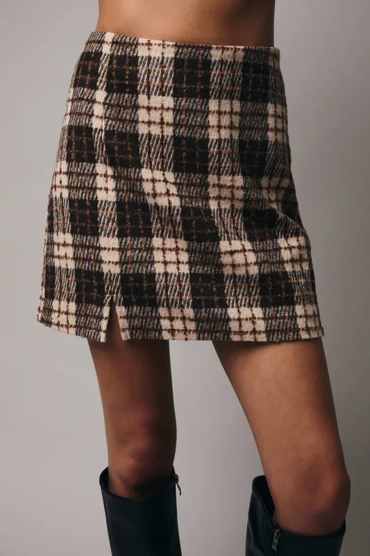Shannon Plaid Mini Skirt, Taupe-Brown Plaid sold by North & Main Clothing Company