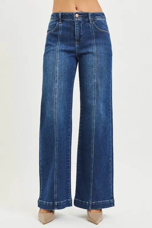 Madi Mid Rise Seam Detail Jeans, Dark sold by North & Main Clothing Company