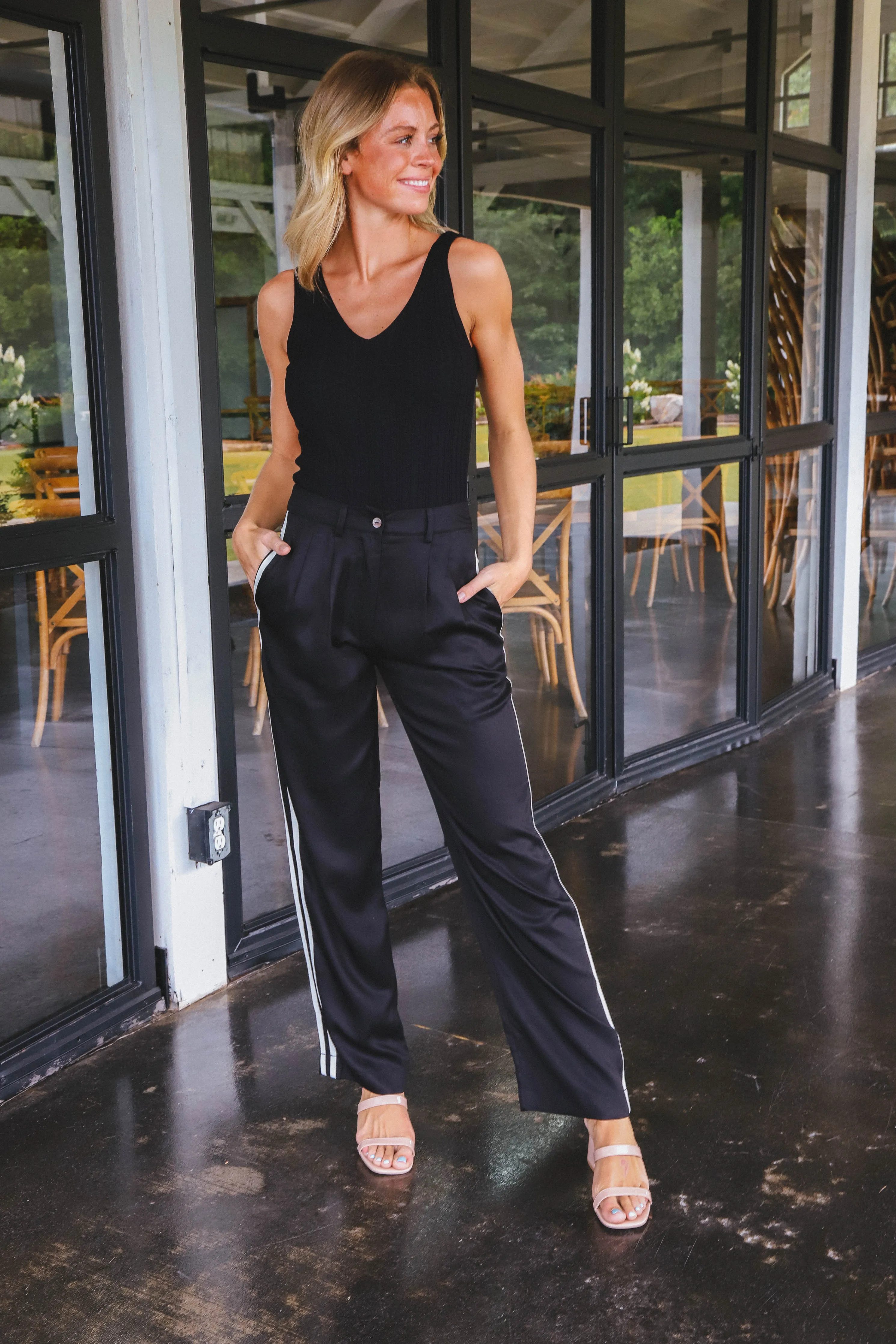 Leighton Side Stripe Trousers, Black Cream sold by North & Main Clothing Company product image thumbnail 2