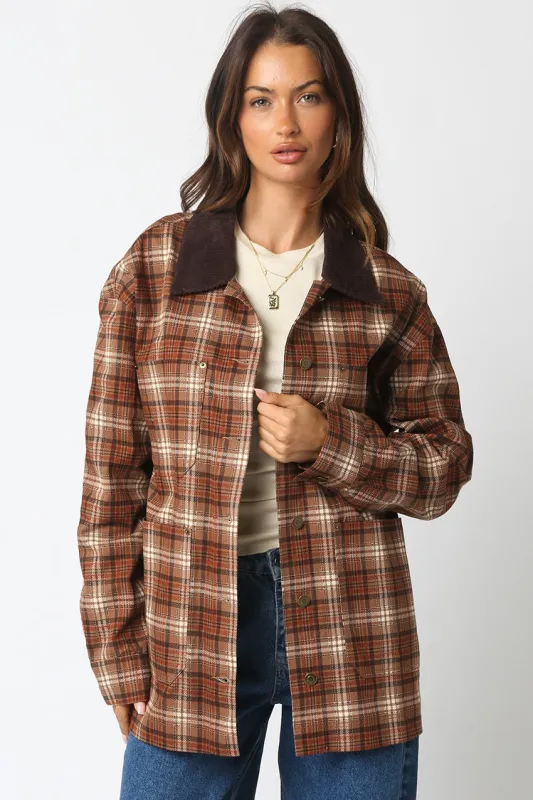 Ester Plaid Button Down Jacket, Taupe sold by North & Main Clothing Company