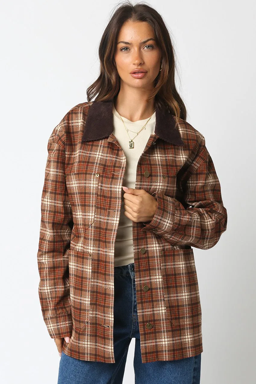 Ester Plaid Button Down Jacket, Taupe sold by North & Main Clothing Company