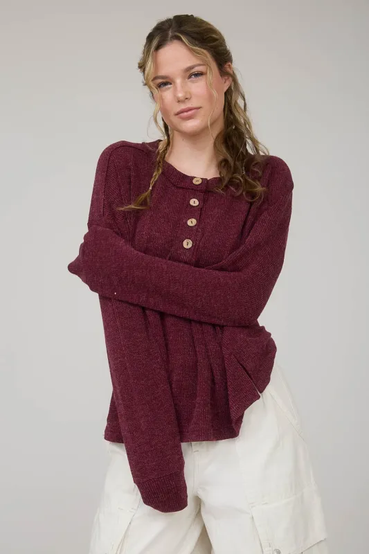 Bindi Henley Knit Top, Burgundy sold by North & Main Clothing Company
