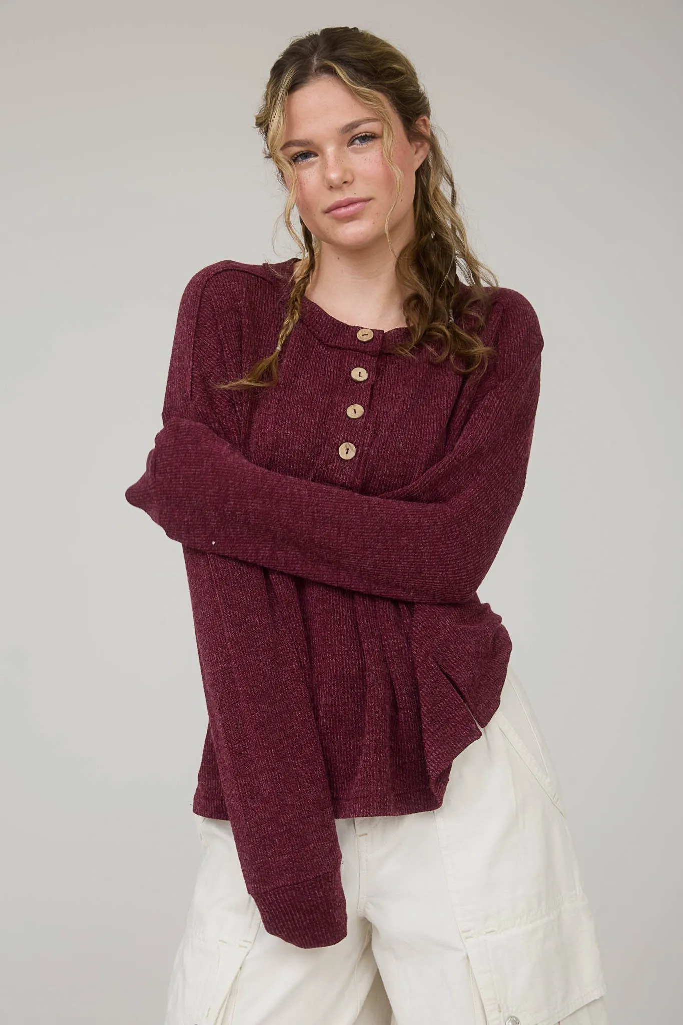 Bindi Henley Knit Top, Burgundy sold by North & Main Clothing Company