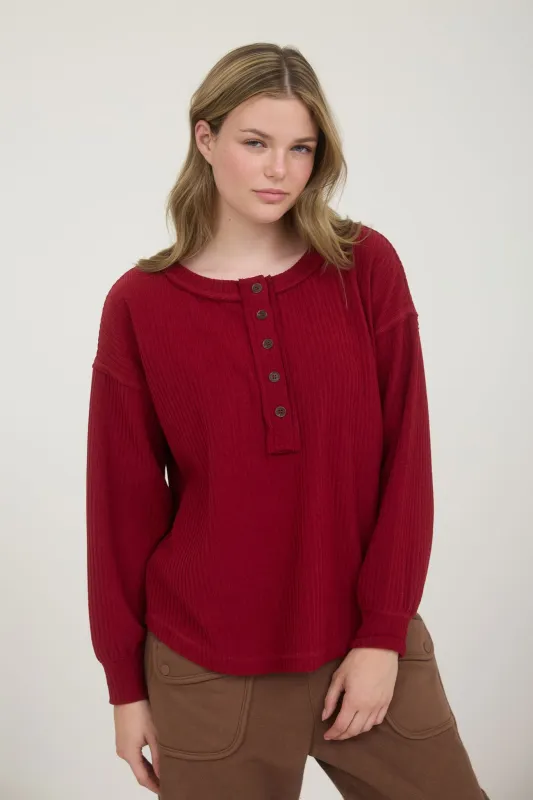 Rowan Ribbed Henley Long Sleeve Top, Deep Red sold by North & Main Clothing Company