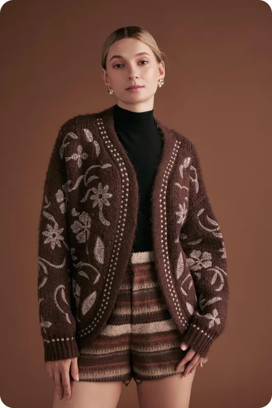 Evie Embroidered Knit Cardigan, Chocolate Brown sold by North & Main Clothing Company