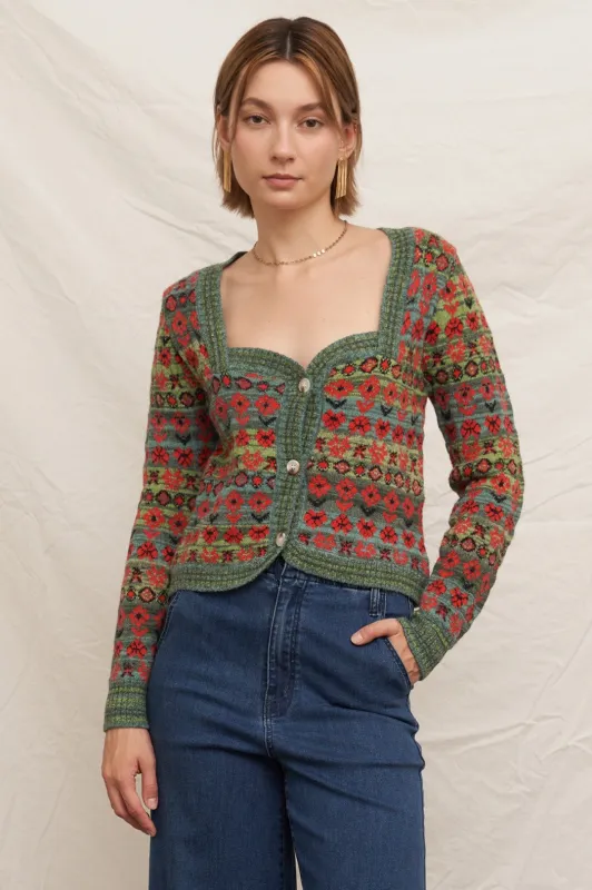 Sadie Sweetheart Neckline Sweater Cardigan, Green Multi sold by North & Main Clothing Company