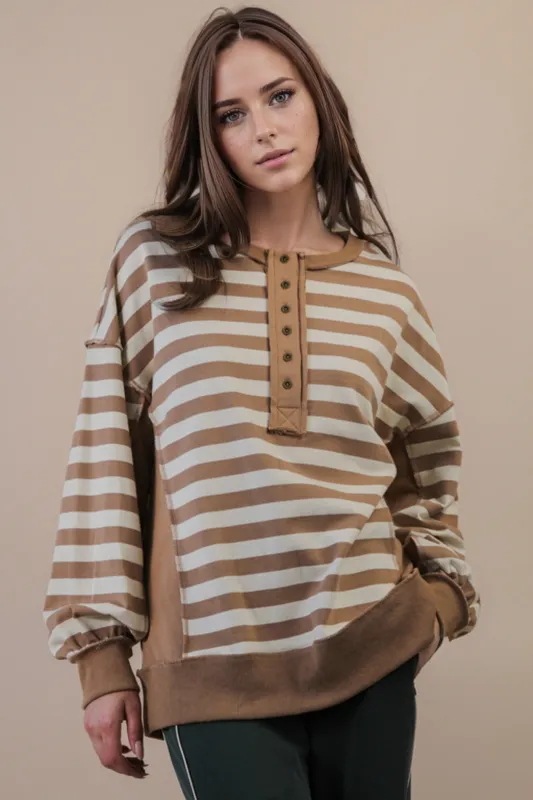 Chrissy Striped Henley Top, Taupe/Cream made by Very J