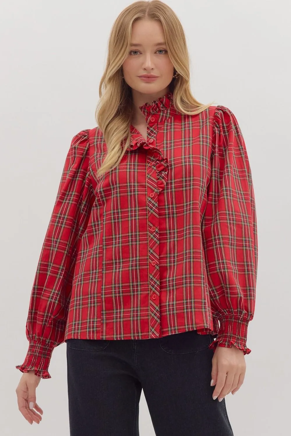 Carrie Plaid Blouse, Red sold by North & Main Clothing Company