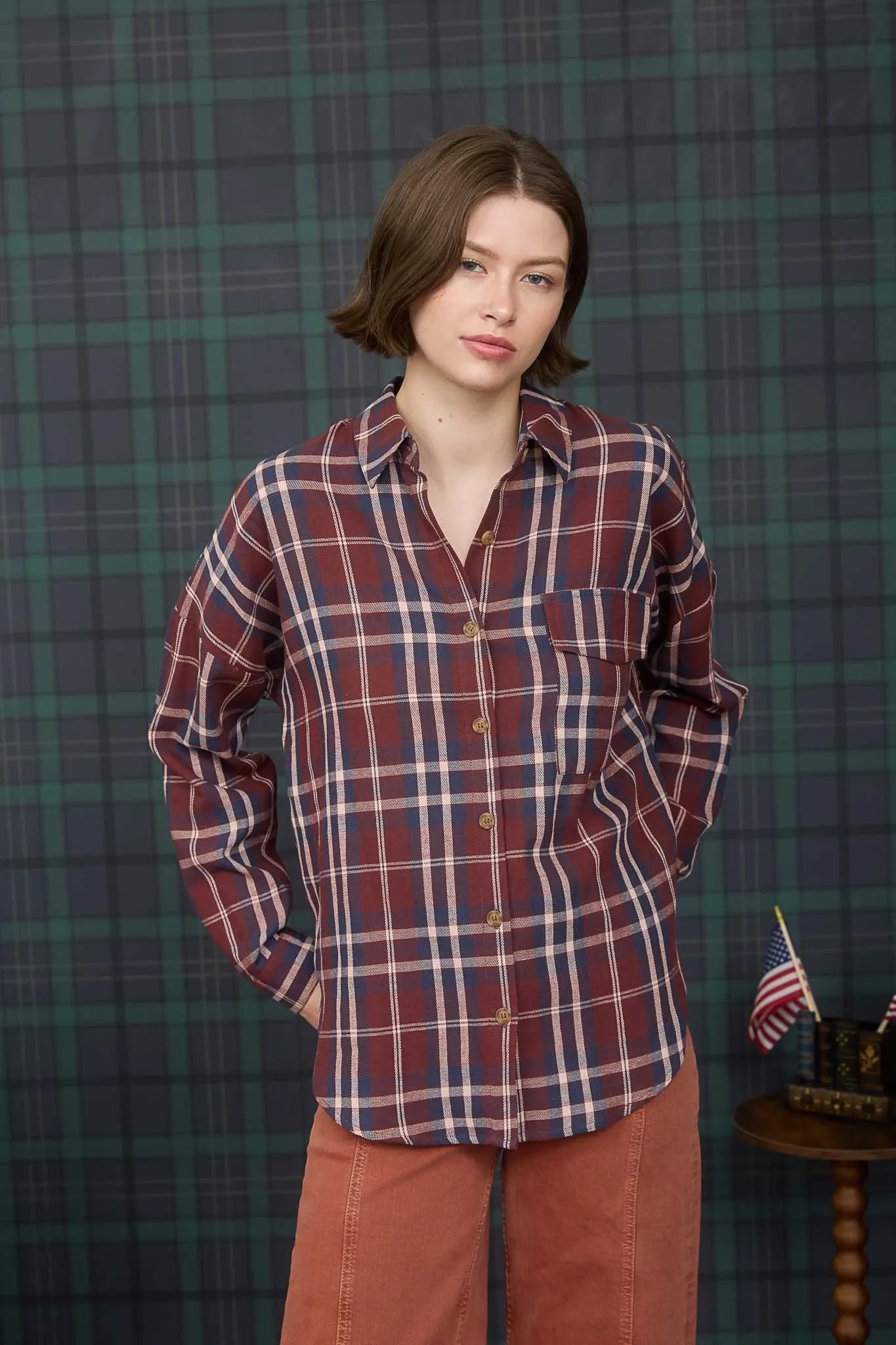 Cara Plaid Shirt, Burgundy Multi sold by North & Main Clothing Company