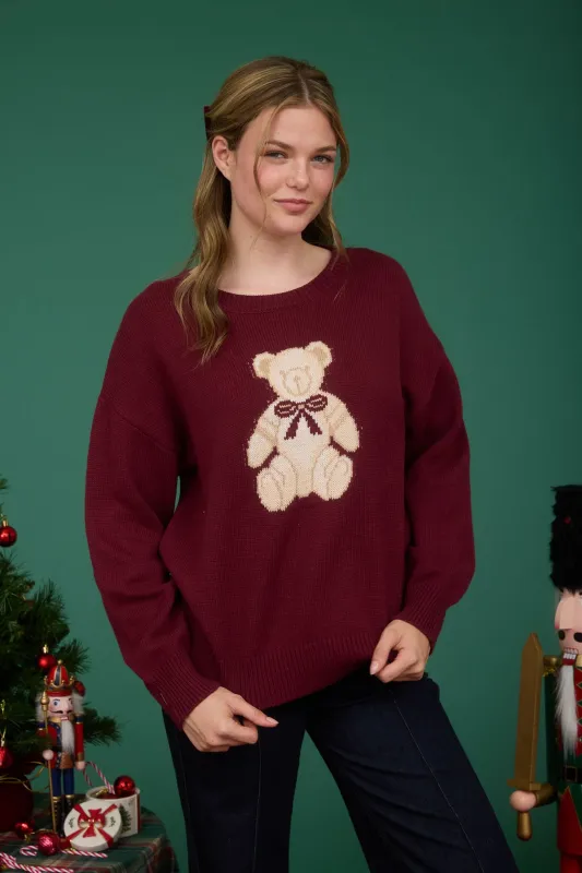 Elle Teddy Bear Graphic Sweater, Burgundy made by Blu Pepper