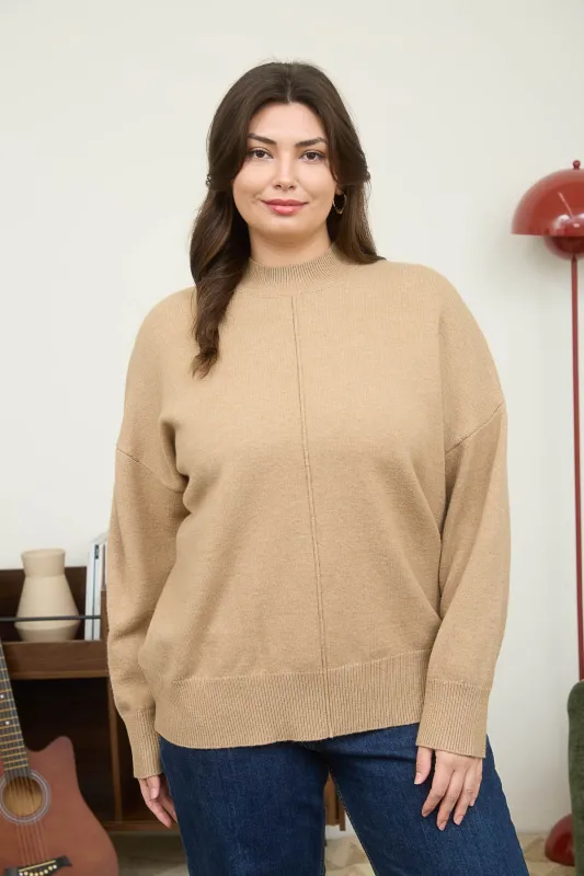 Julia Front Seam Mock Neck Sweater, Taupe | Extended Sizes sold by North & Main Clothing Company