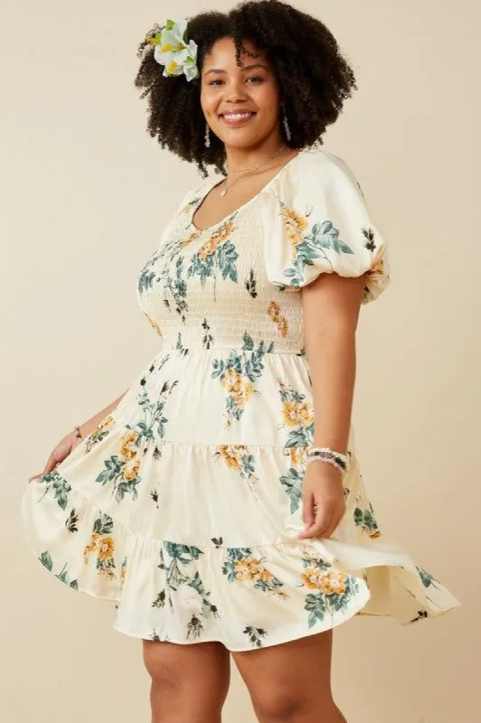 Floral Smocked Tiered Satin Dress, Cream | Plus Size sold by North & Main Clothing Company