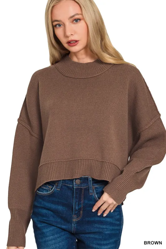 Aubrey Oversized Cropped Sweater, Brown made by Zenana