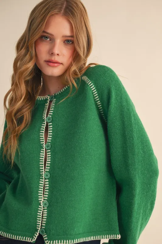 Ainsley Blanket Stitch Cardigan, Green Ivory sold by North & Main Clothing Company