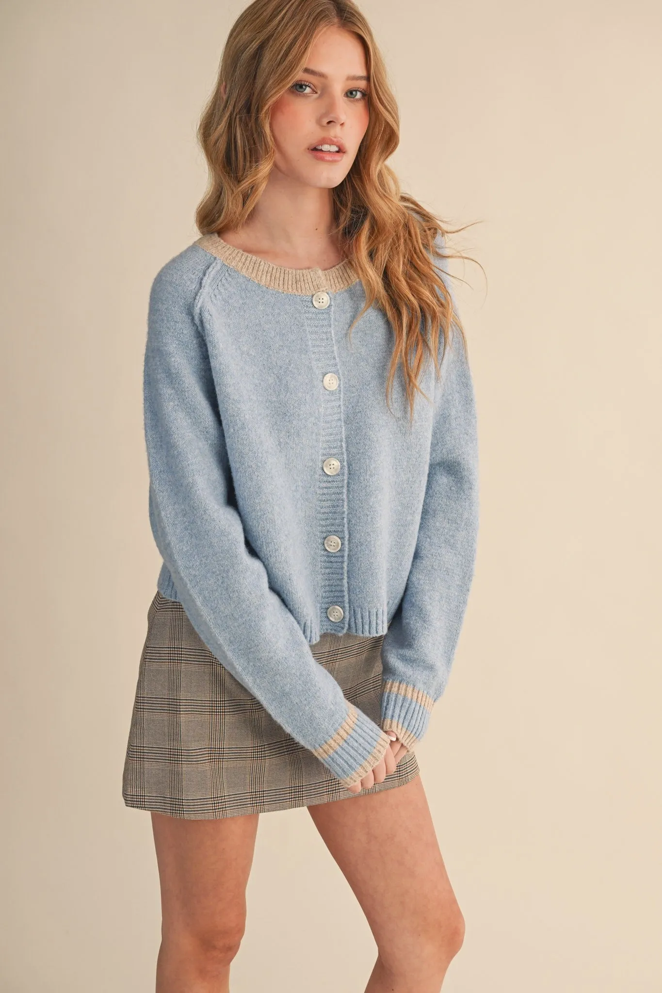 Amelia Sweater Cardigan, Sky Blue Taupe sold by North & Main Clothing Company