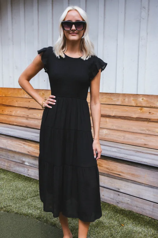 Celene Smocked Midi Dress, Black sold by North & Main Clothing Company