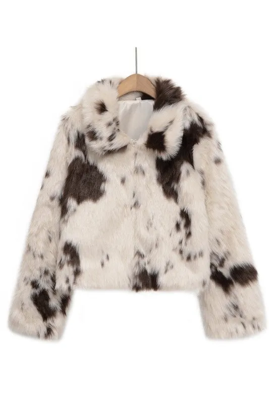 Cow Print Faux Fur Jacket, Brown sold by North & Main Clothing Company