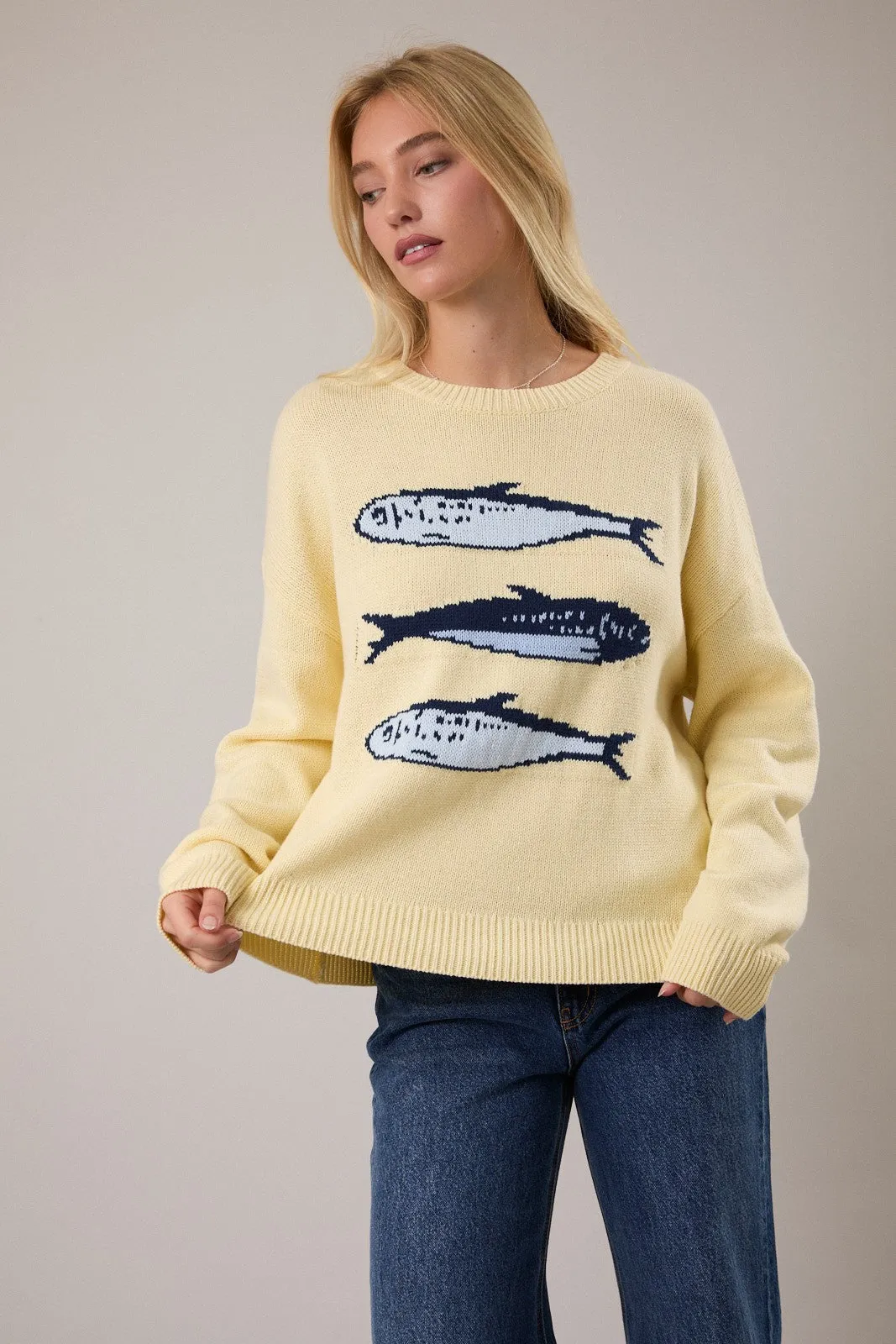 Travel Sardines Sweater Top, Yellow sold by North & Main Clothing Company