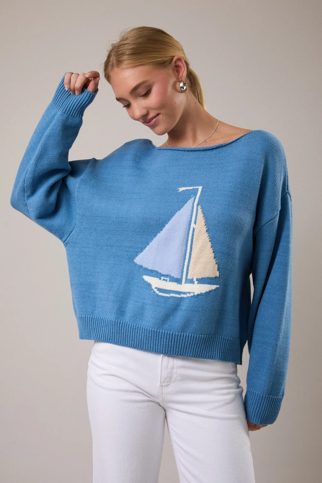 Sally Boat Graphic Sweater Top, Blue sold by North & Main Clothing Company product image thumbnail 2