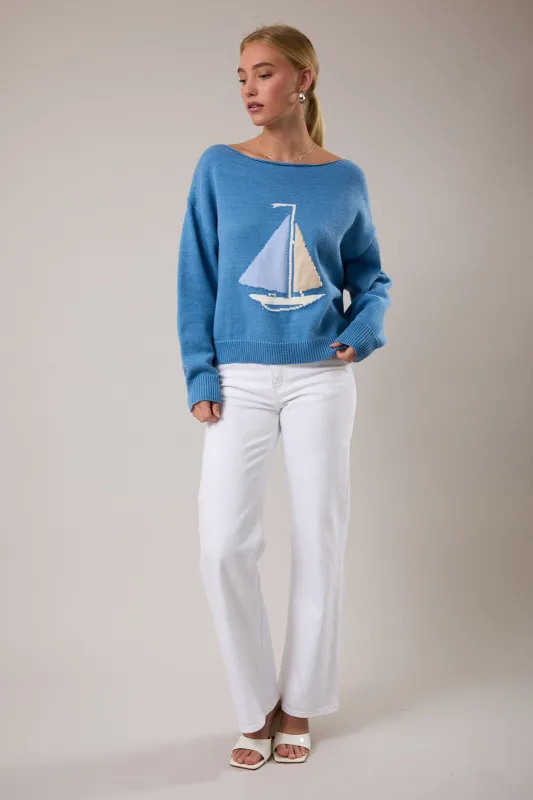 Sally Boat Graphic Sweater Top, Blue sold by North & Main Clothing Company