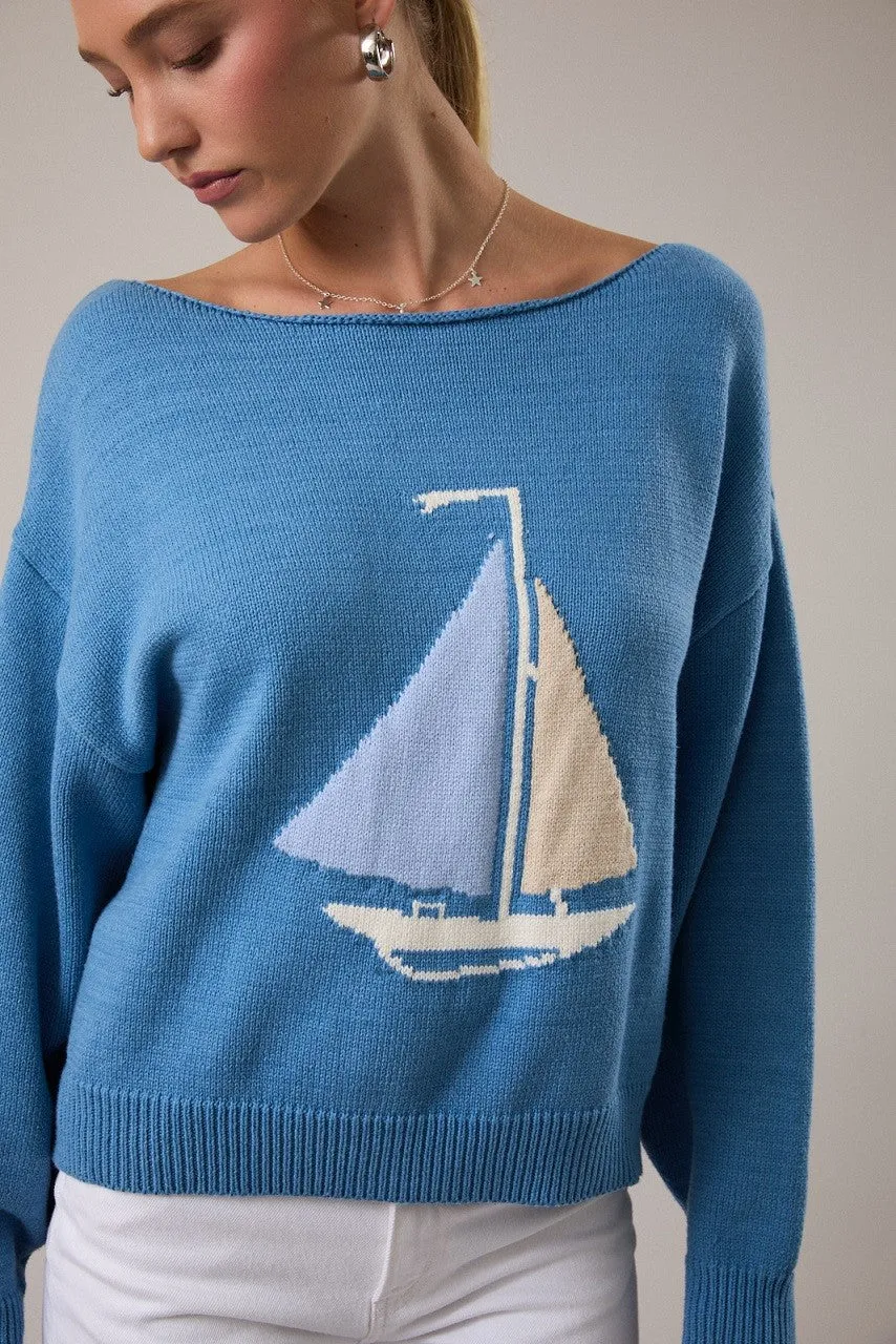 Sally Boat Graphic Sweater Top, Blue sold by North & Main Clothing Company product image thumbnail 3