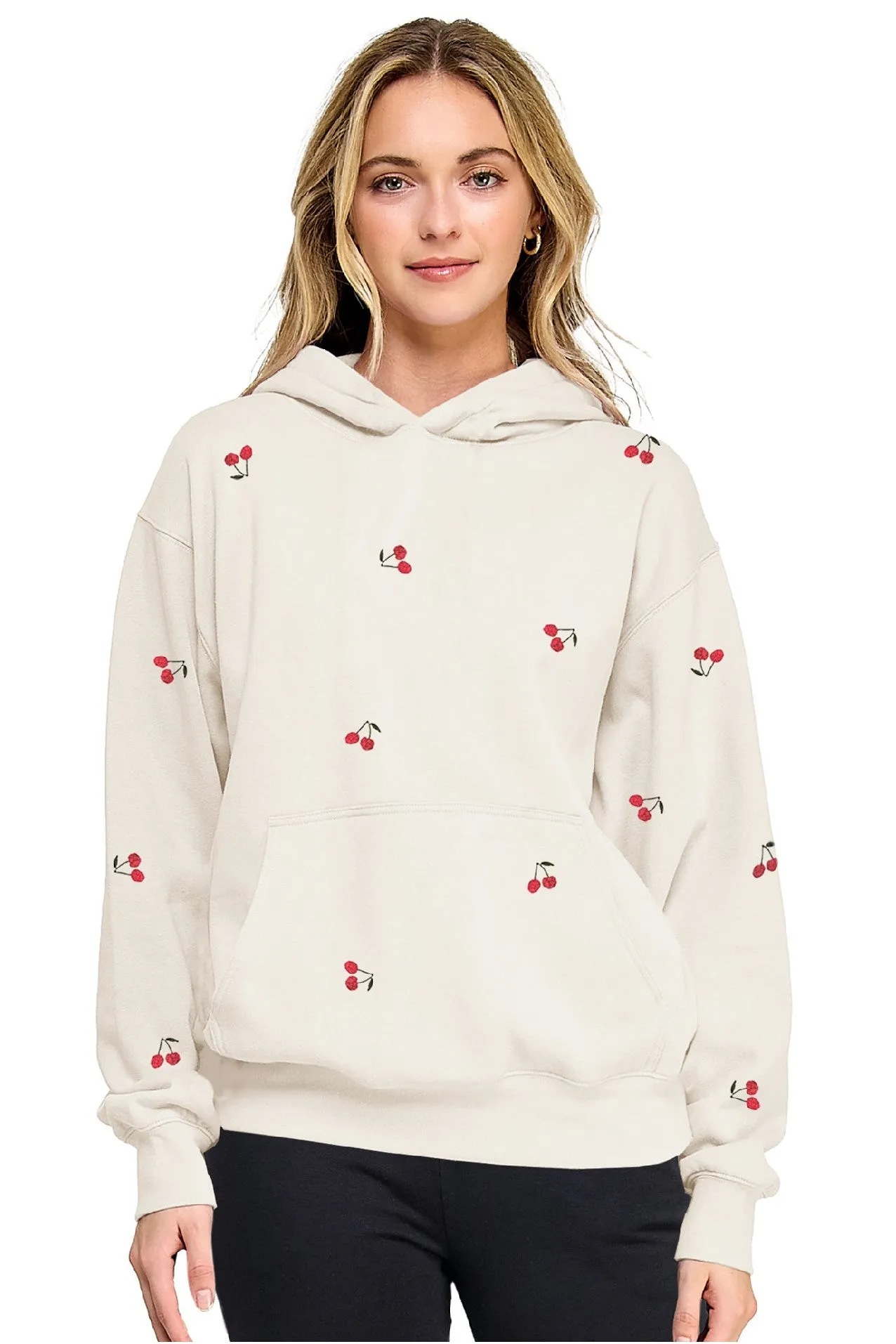 Kaye Cherry Embroidery Fleece Hoodie, Ivory sold by North & Main Clothing Company