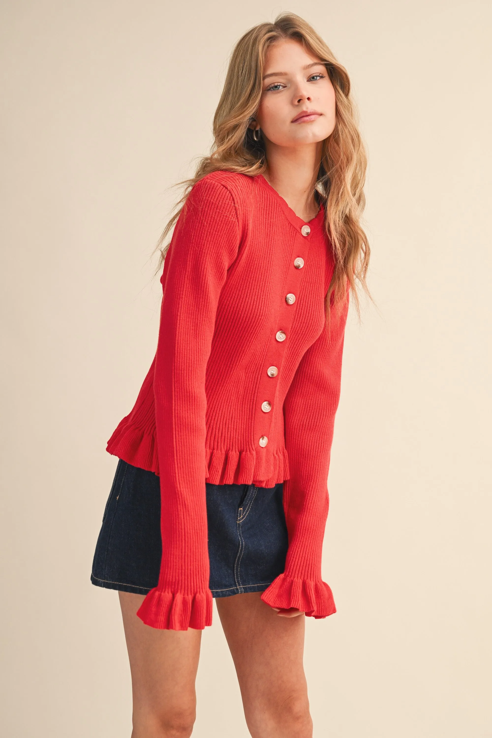 Harper Ruffle Hem Sweater Cardigan, Poppy Red sold by North & Main Clothing Company product image thumbnail 5