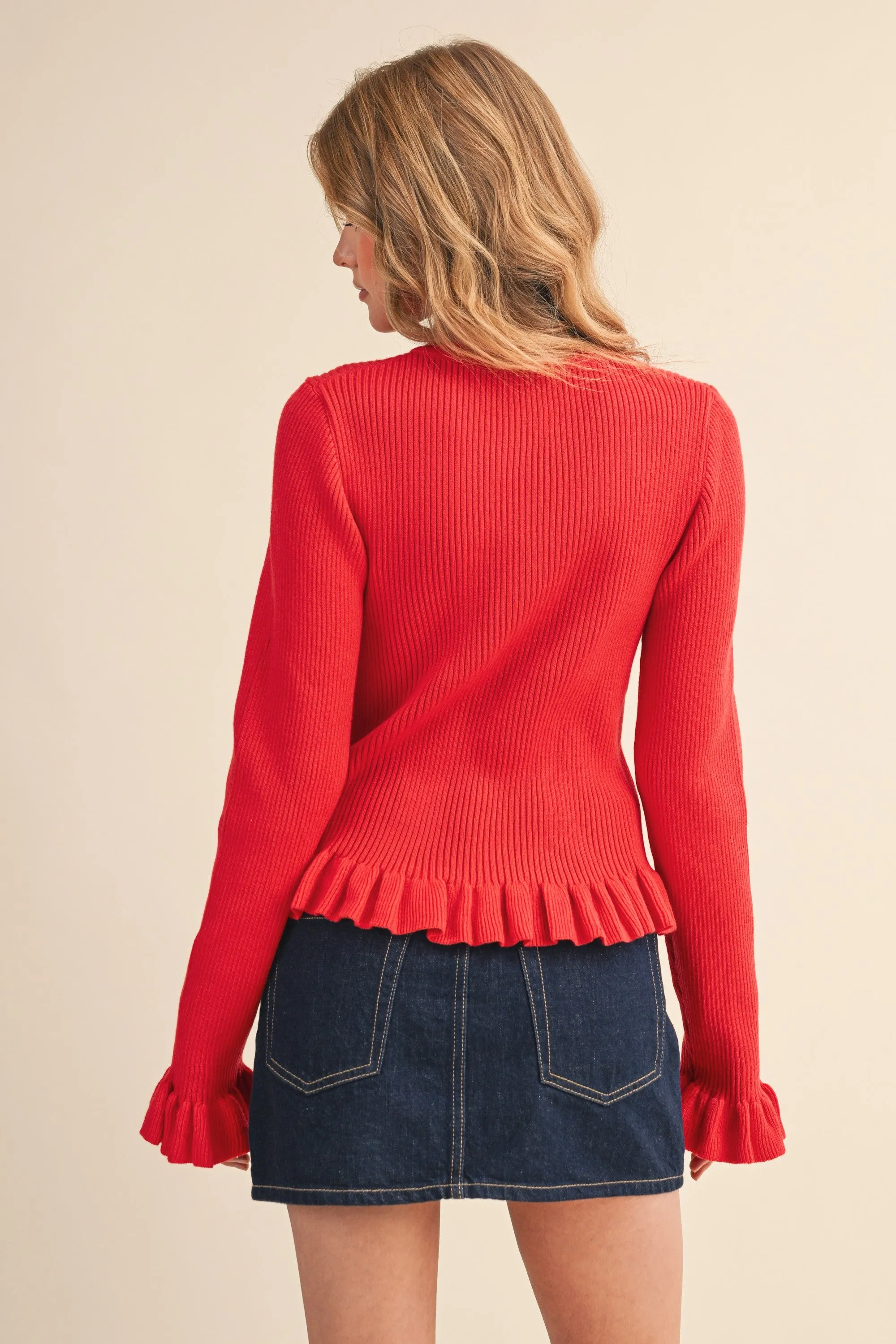 Harper Ruffle Hem Sweater Cardigan, Poppy Red sold by North & Main Clothing Company product image thumbnail 3