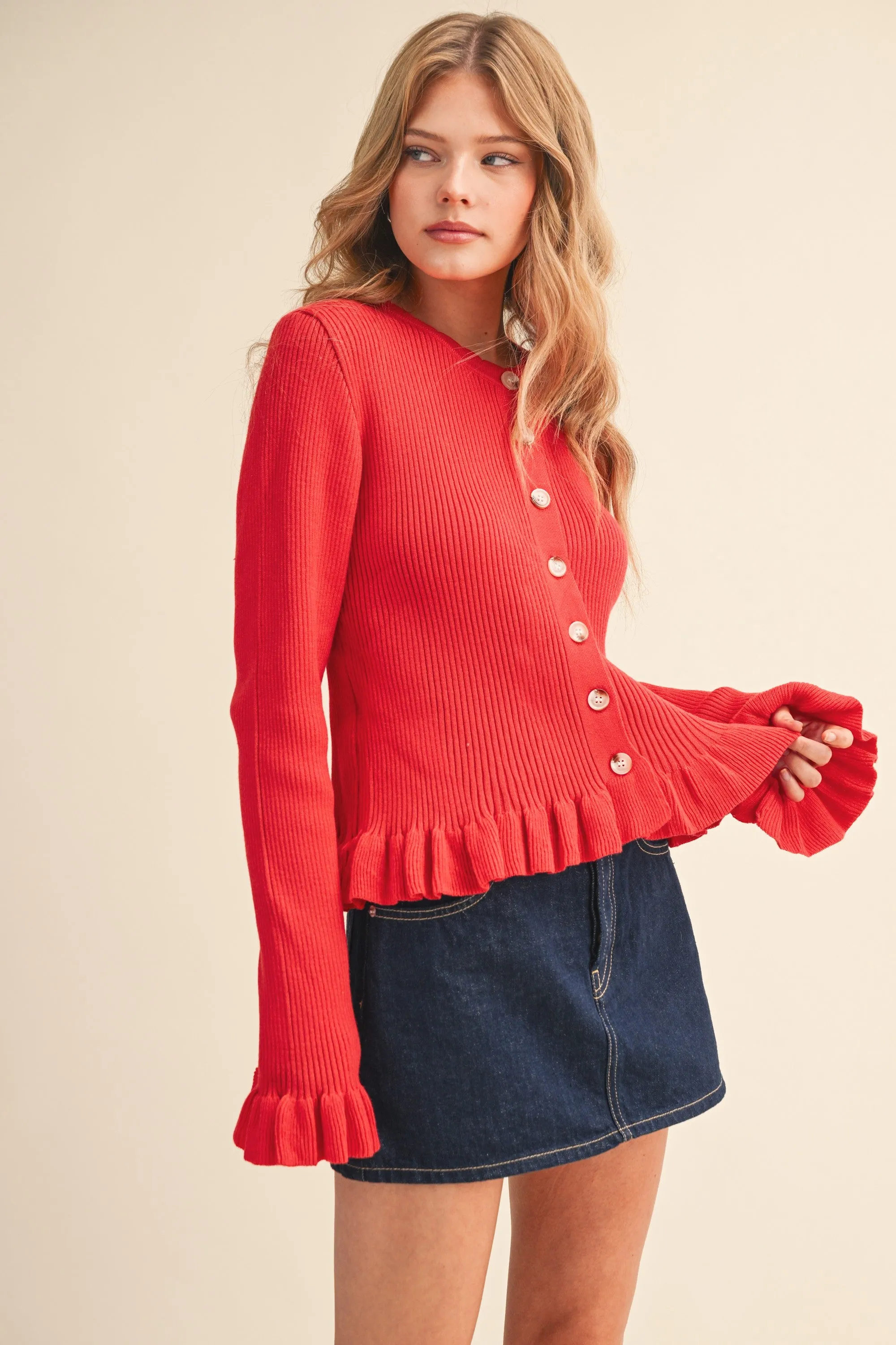 Harper Ruffle Hem Sweater Cardigan, Poppy Red sold by North & Main Clothing Company