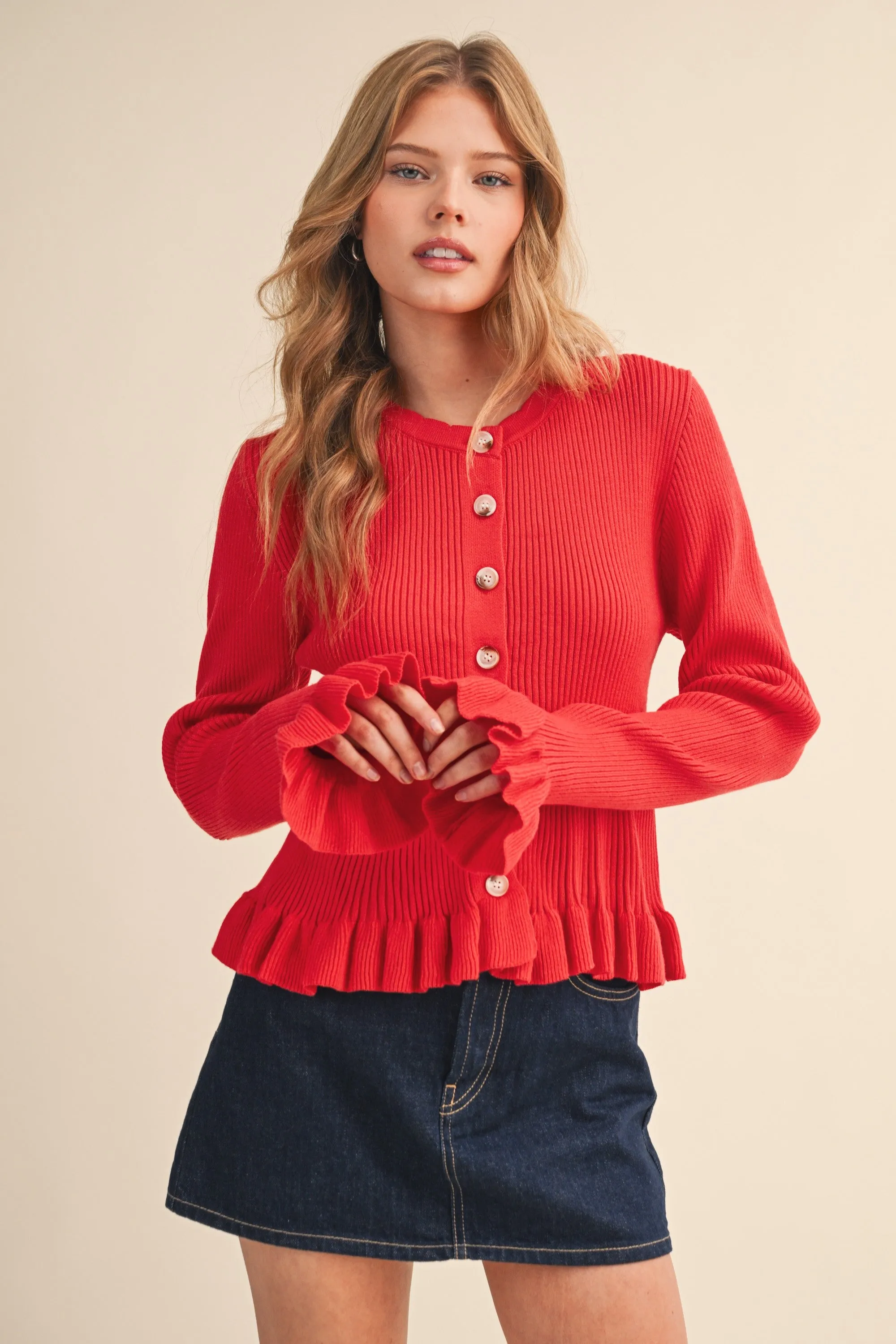 Harper Ruffle Hem Sweater Cardigan, Poppy Red sold by North & Main Clothing Company product image thumbnail 4