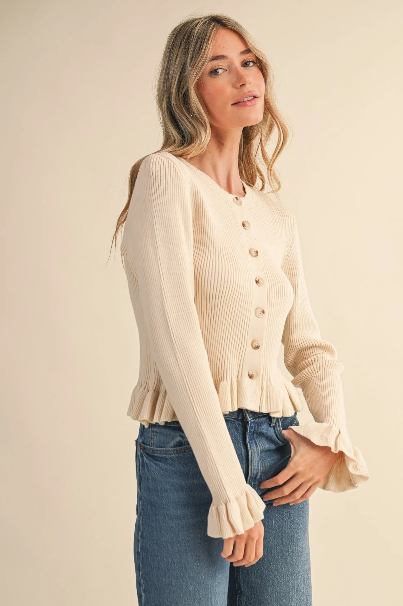 Harper Ruffle Hem Sweater Cardigan, Egg Shell sold by North & Main Clothing Company product image thumbnail 3