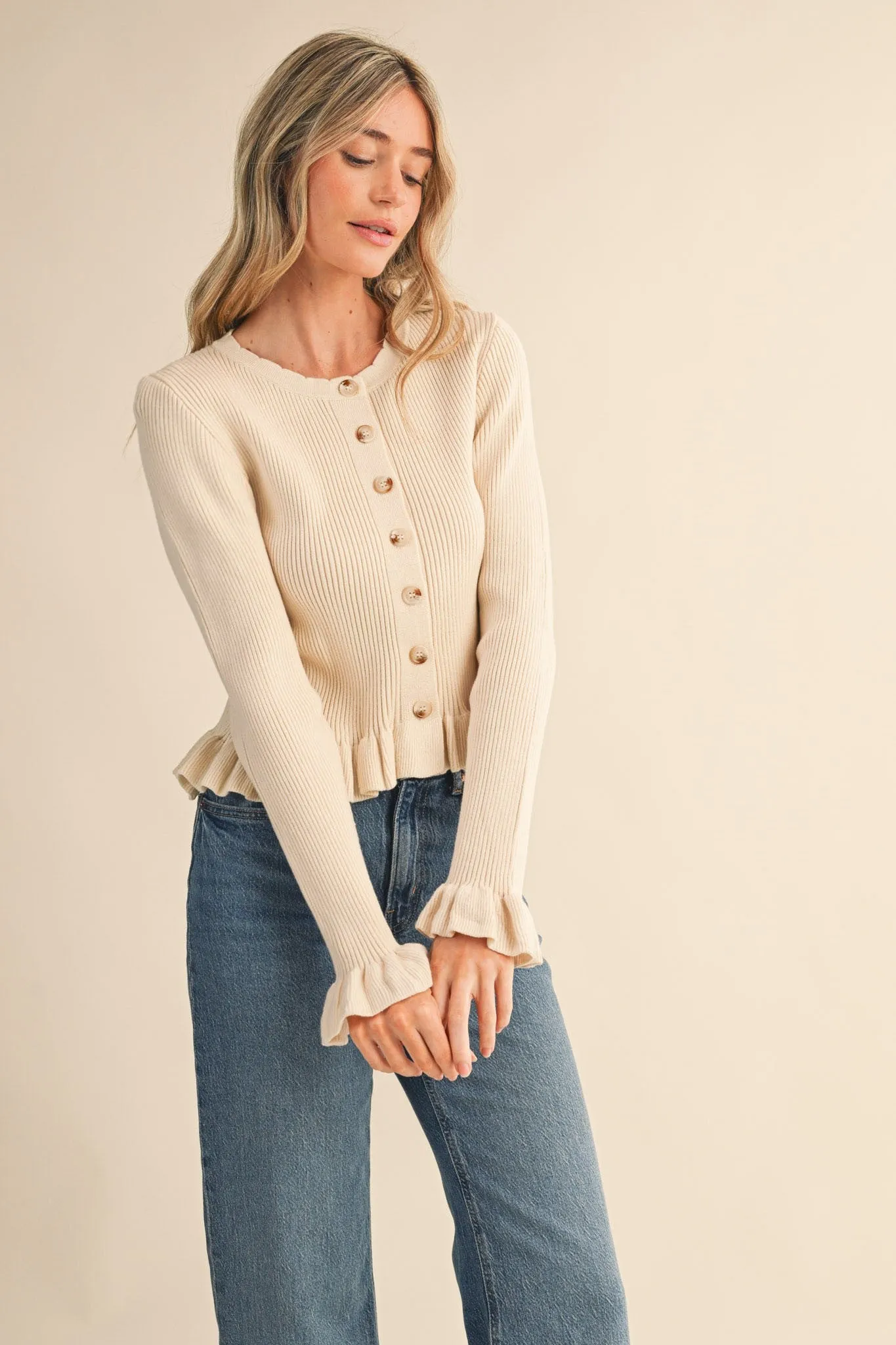 Harper Ruffle Hem Sweater Cardigan, Egg Shell sold by North & Main Clothing Company product image thumbnail 4