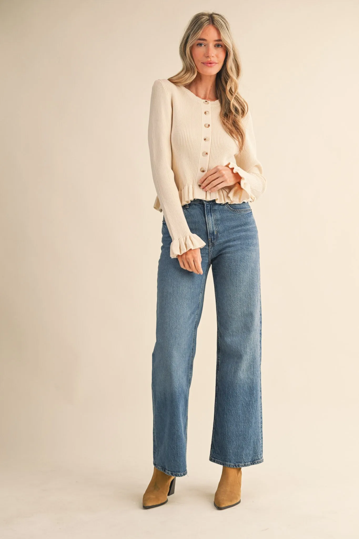 Harper Ruffle Hem Sweater Cardigan, Egg Shell sold by North & Main Clothing Company