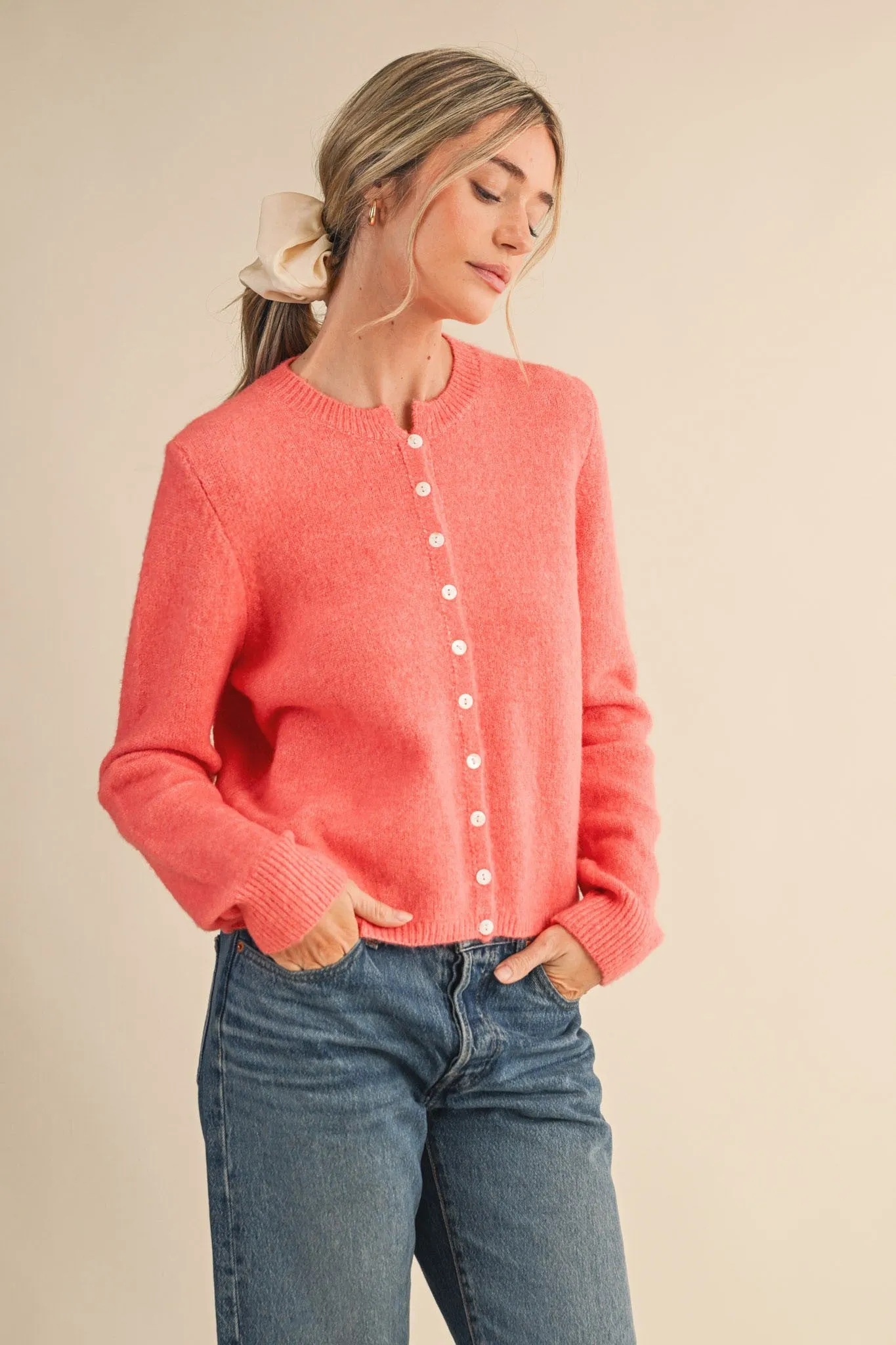 Bethany Marled Knit Cardigan, Coral Red sold by North & Main Clothing Company