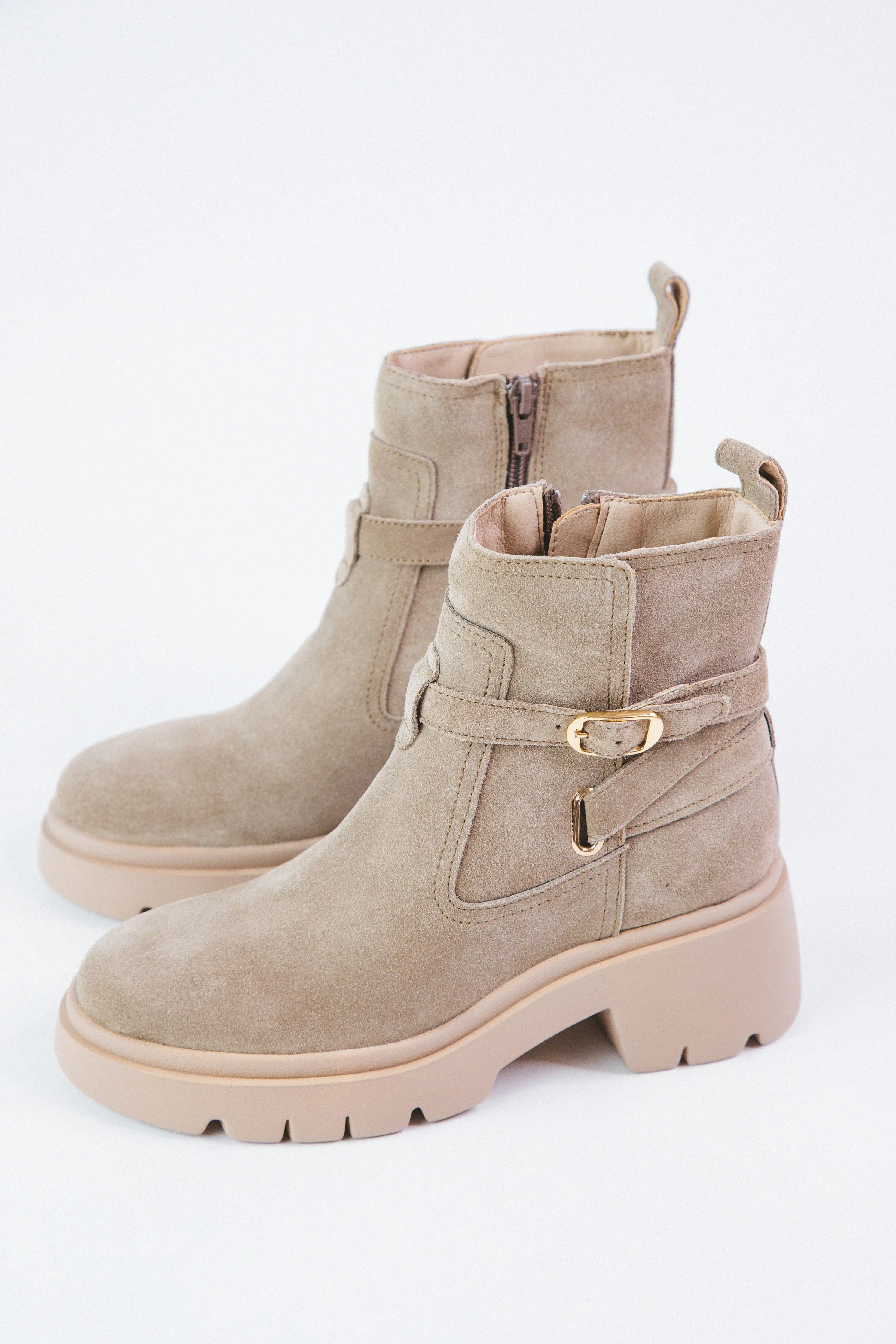 Coletta Lug Sole Buckle Wrap Boot, Taupe Suede | Steve Madden sold by North & Main Clothing Company