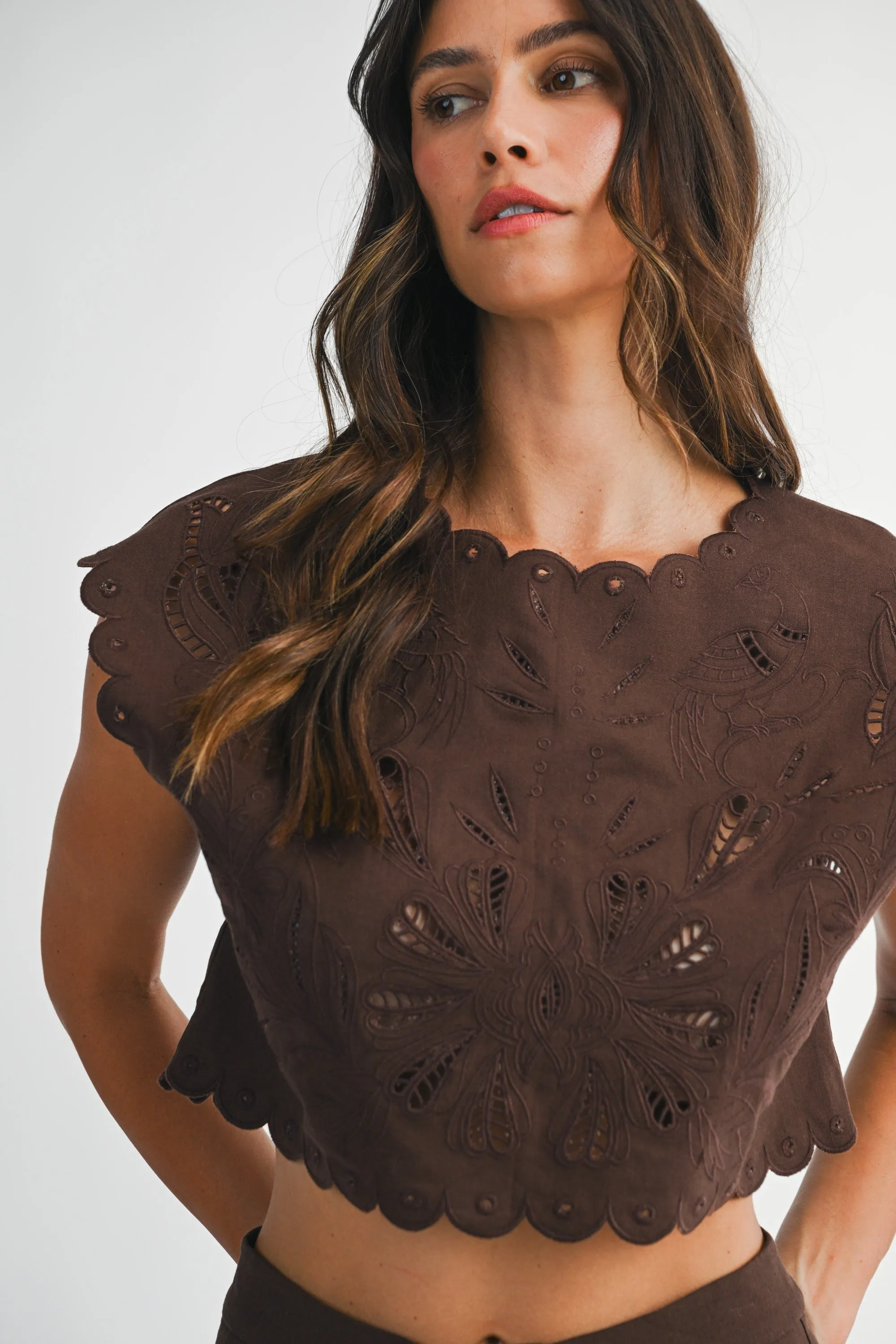 Alia Embroidery Scallop Crop Top, Chocolate Brown sold by North & Main Clothing Company product image thumbnail 2