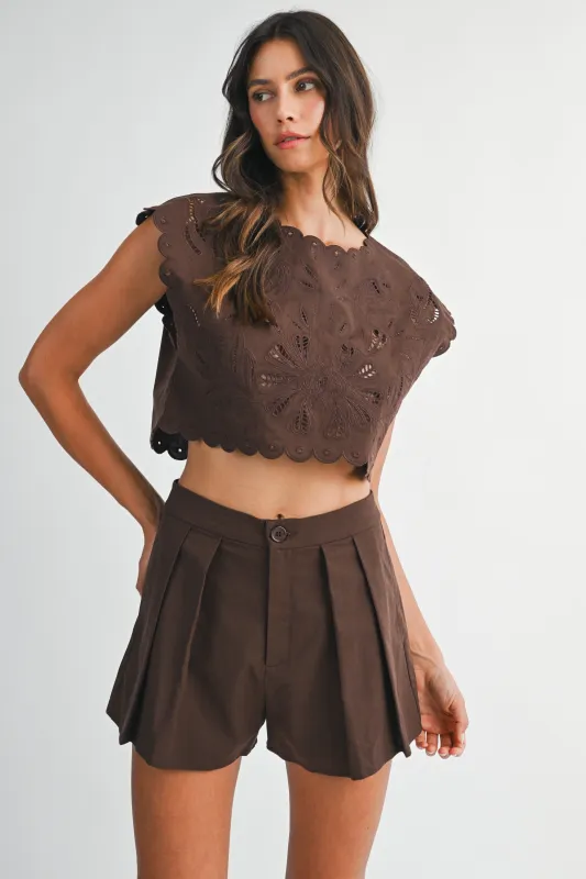 Alia Embroidery Scallop Crop Top, Chocolate Brown sold by North & Main Clothing Company