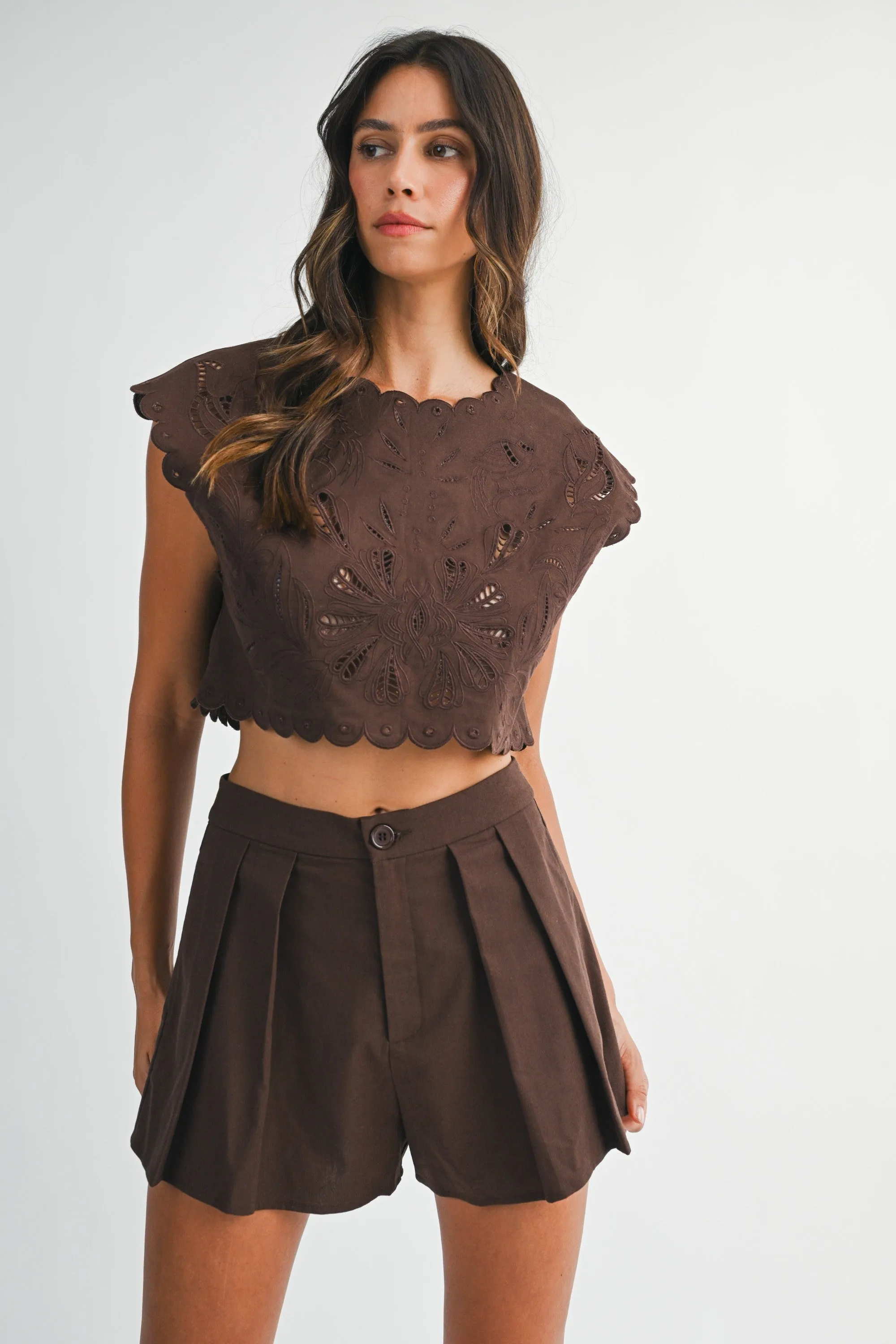 Alia Embroidery Scallop Crop Top, Chocolate Brown sold by North & Main Clothing Company product image thumbnail 4