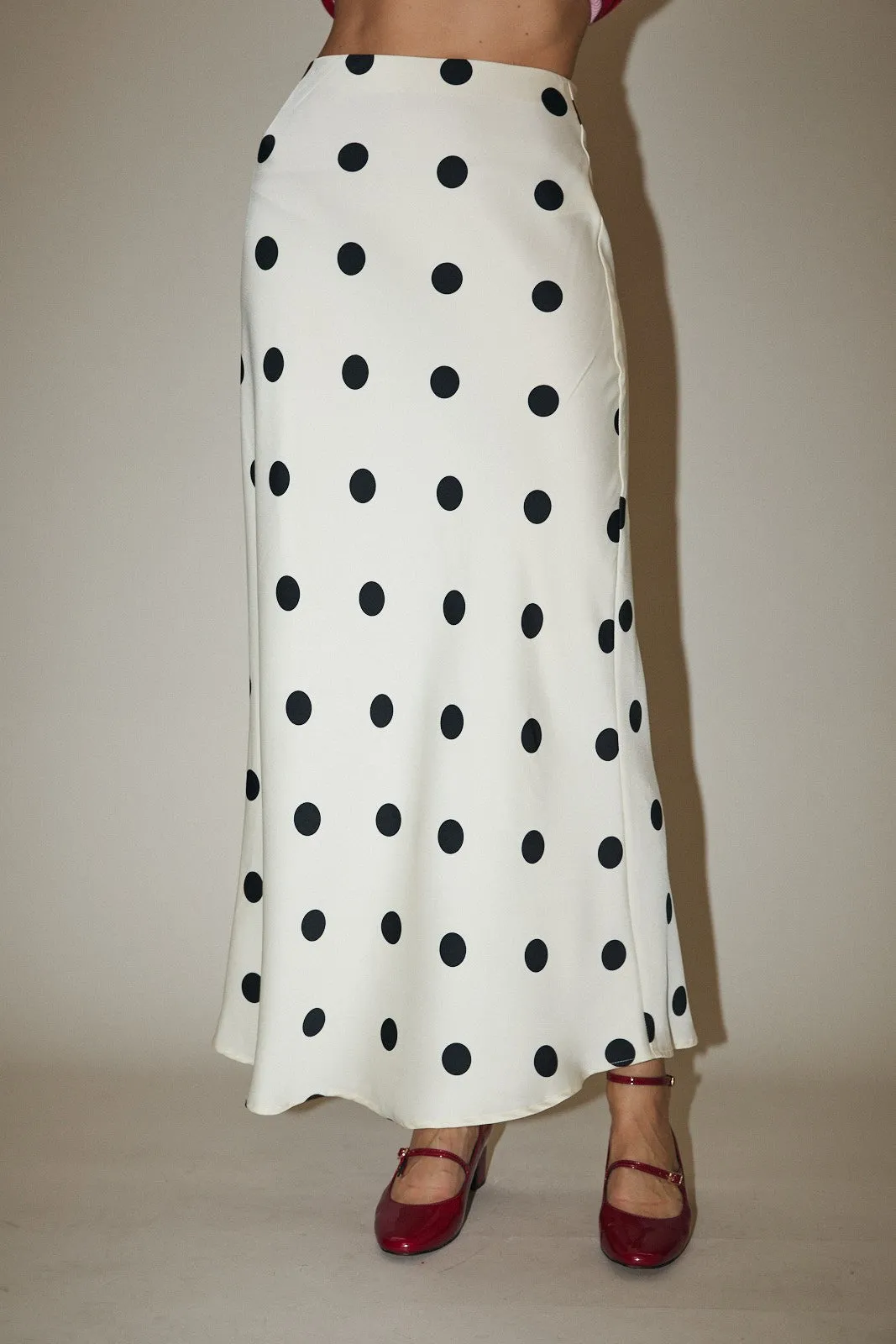 Zoey Satin Polka Dot Midi Skirt, White/Black sold by North & Main Clothing Company