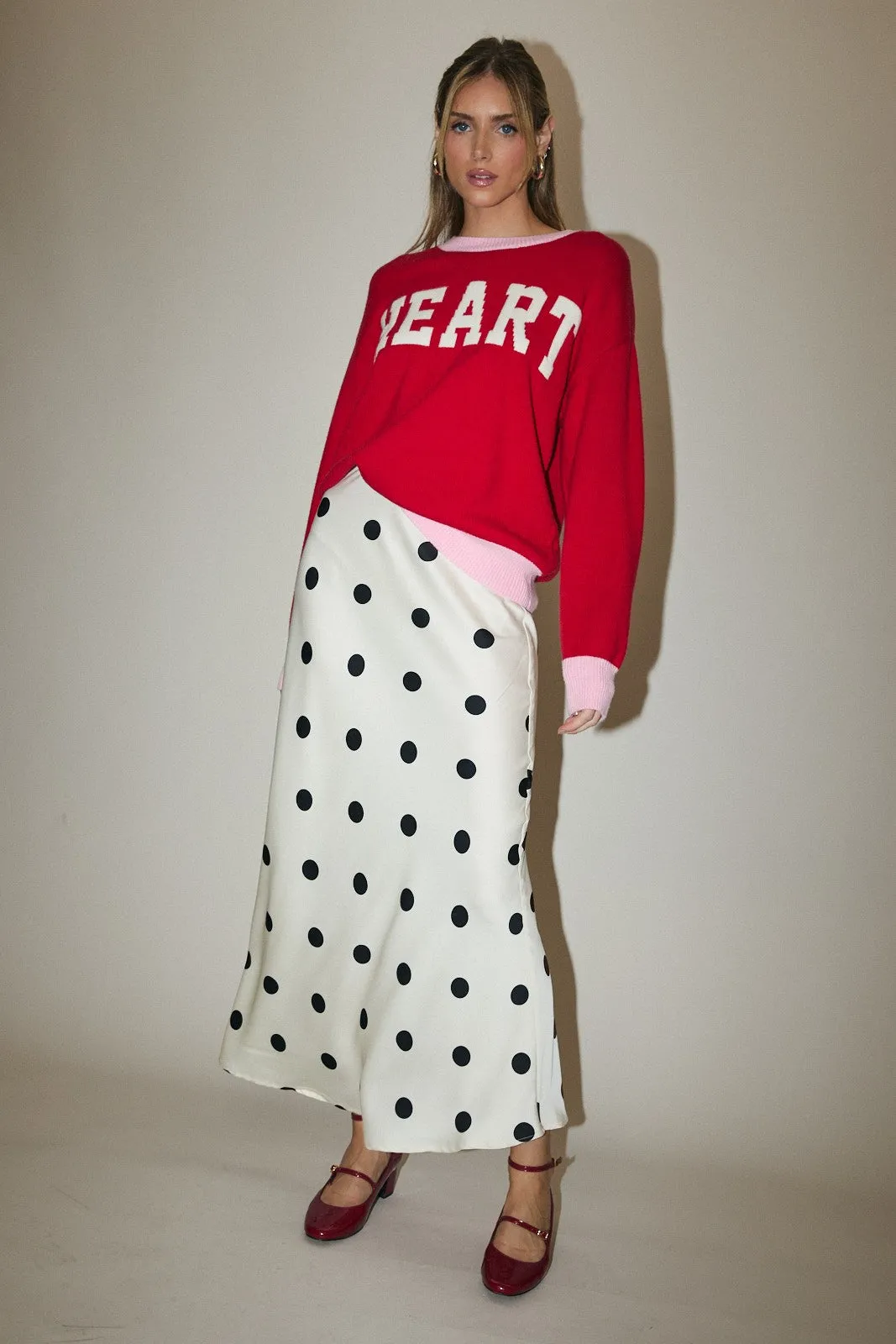 Zoey Satin Polka Dot Midi Skirt, White/Black sold by North & Main Clothing Company product image thumbnail 2