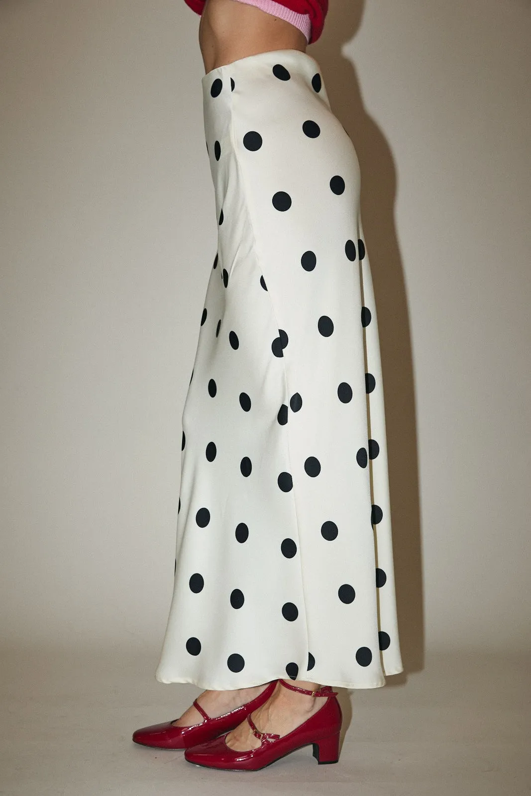 Zoey Satin Polka Dot Midi Skirt, White/Black sold by North & Main Clothing Company product image thumbnail 4
