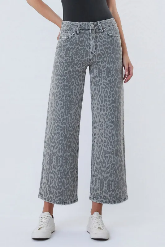 Olivia High Rise Wide Leg Jeans, Grey Leopard sold by North & Main Clothing Company