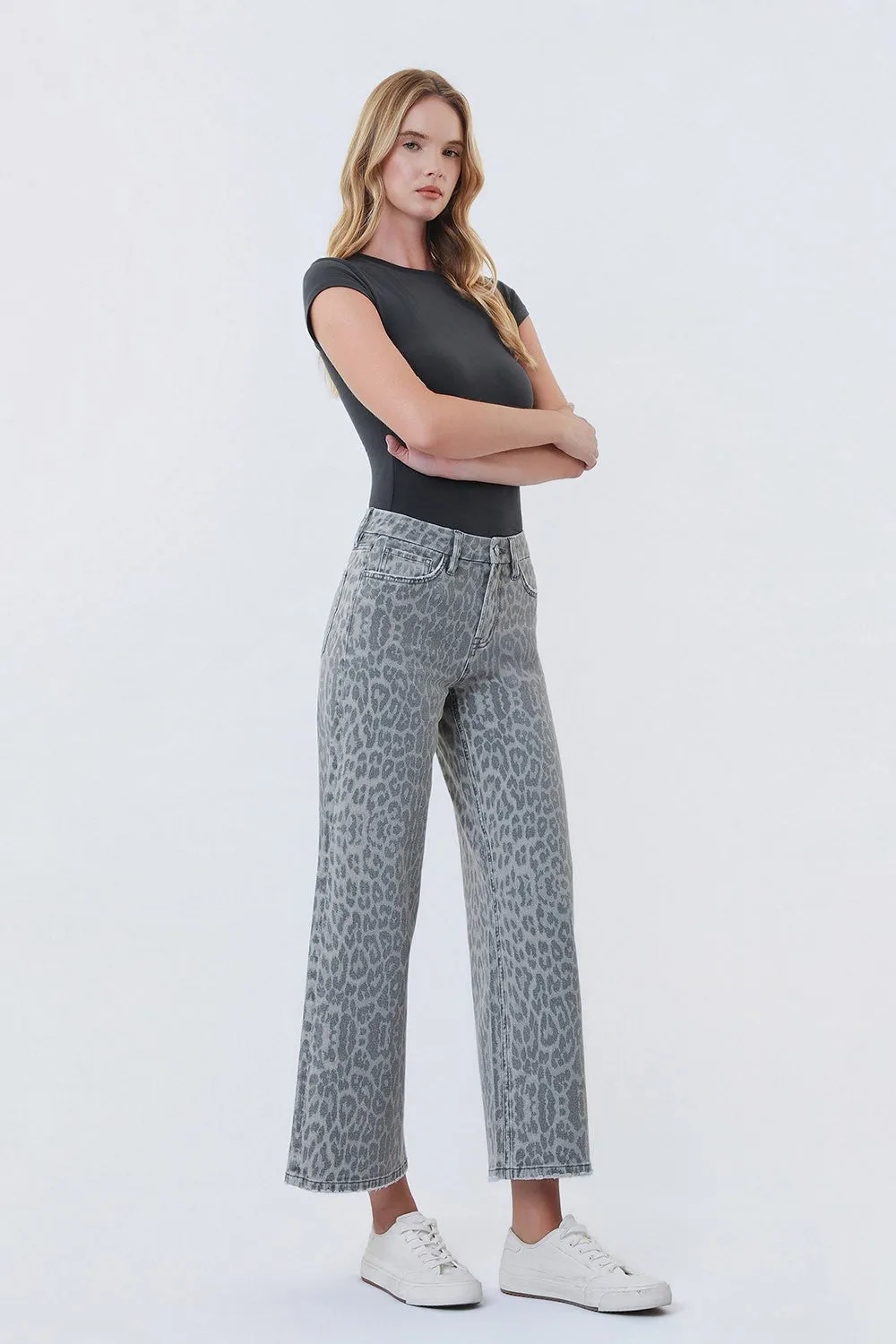 Olivia High Rise Wide Leg Jeans, Grey Leopard sold by North & Main Clothing Company product image thumbnail 5