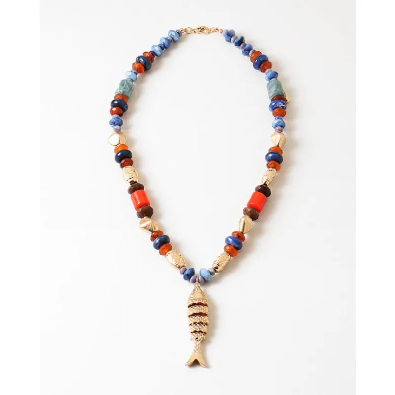 Beaded Necklace W/ Fish Pendant, Navy Coral Gold sold by North & Main Clothing Company