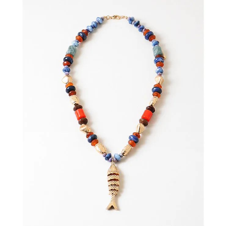 Beaded Necklace W/ Fish Pendant, Navy Coral Gold sold by North & Main Clothing Company