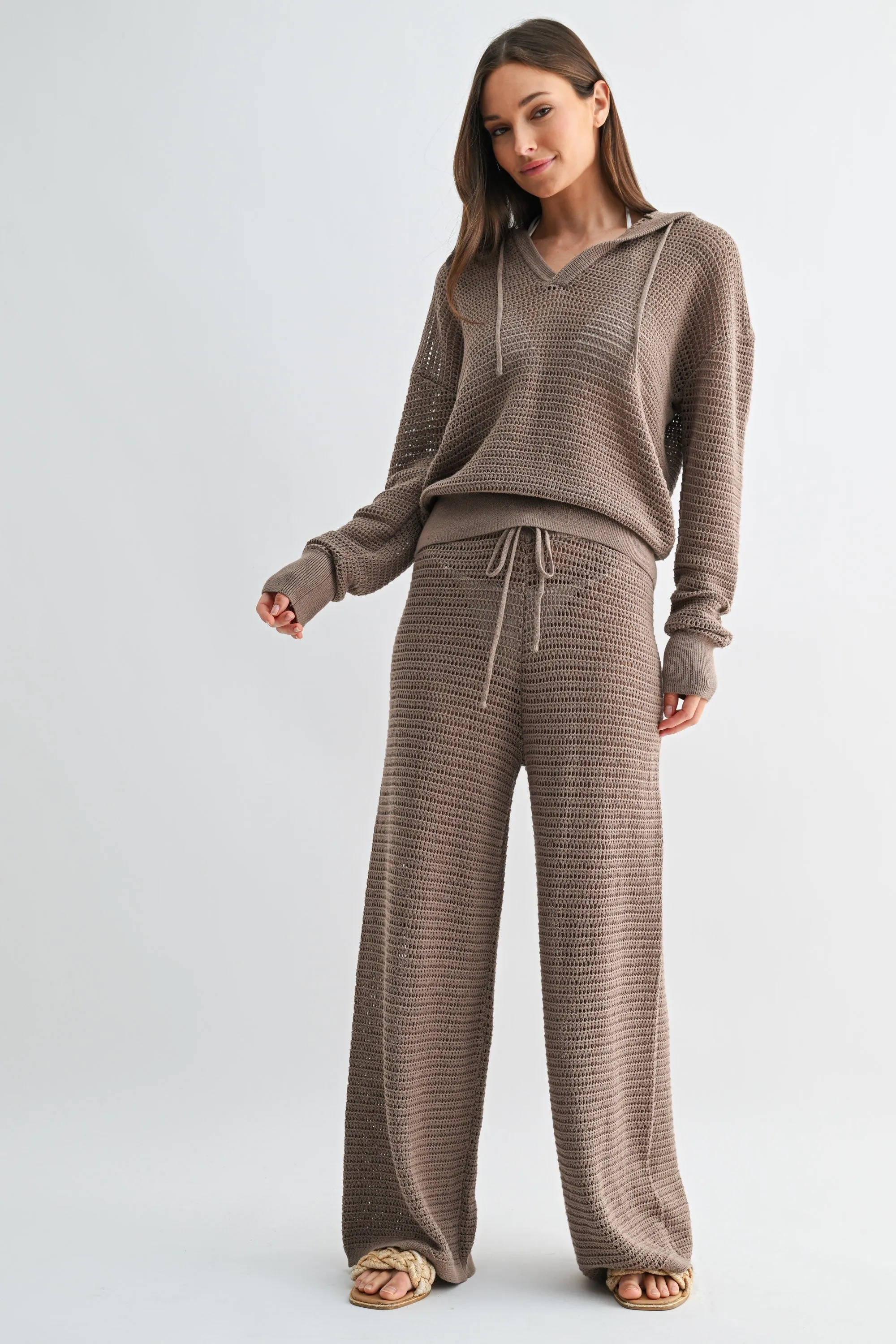 Quinn Crochet Wide Leg Pants, Silken Taupe sold by North & Main Clothing Company